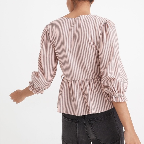 Madewell Puff-Sleeve Peplum Wrap Top in Stripe size xsmall with modesty snap - Picture 5 of 11